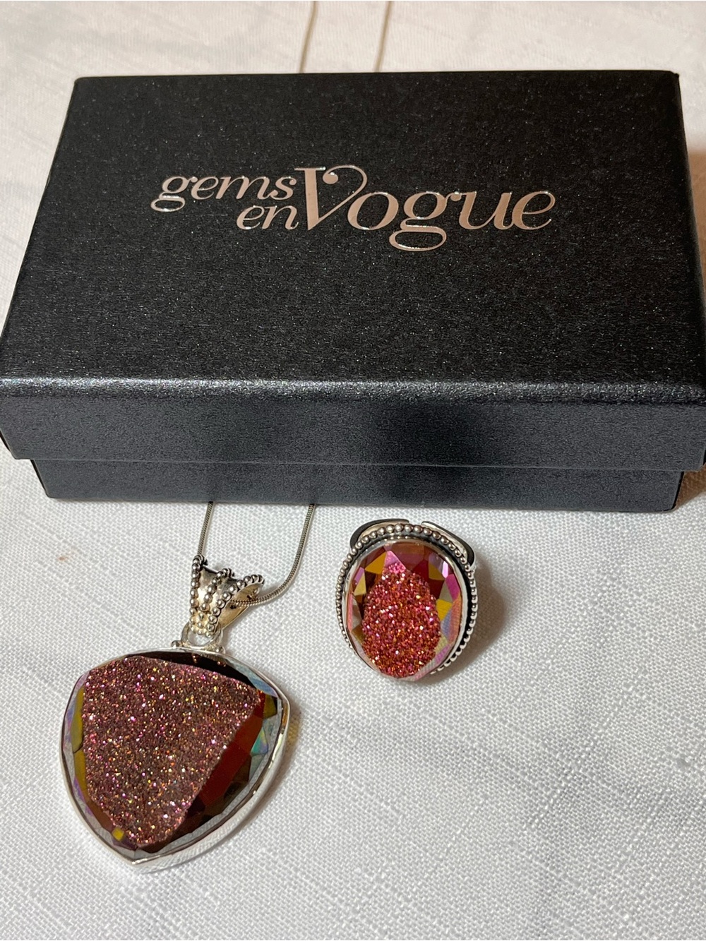 GEMS EN VOGUE 925 Sterling Silver Druzy Pendant Necklace and Ring Set - Picture 3 of 16